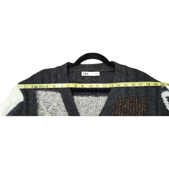 Zara Patchwork Cardigan Sweater Womens Size S Brown Ivory Oversized Chunky - Picture 11 of 14